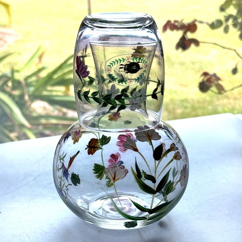 Vintage Hand Painted I.Godinger & Co Glass Tumble Up Floral & Insects Signed